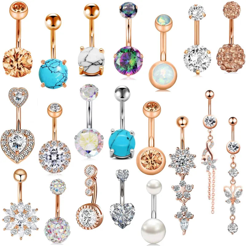 1PC Surgical Steel Flower Belly Button Ring 14Gcrystal Belly Ring Body