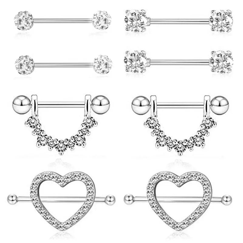 Stainless Steel Matte Nipple Piercing Set 14G Crystal Nipple Ring Body