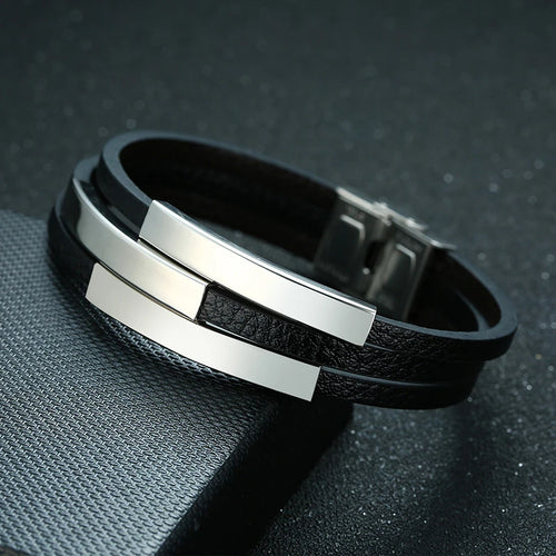 Vnox Personalize Engrave Name Men Multi-Layer Black Leather Wrap