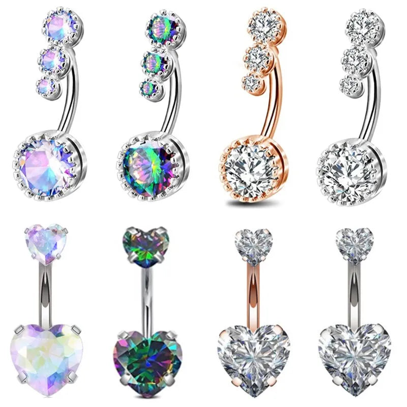 1PCS Surgical Steel Ab Crystal Belly Button Rings Zircon Heart Navel