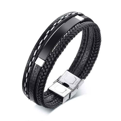 Vnox Personalize Engrave Name Men Multi-Layer Black Leather Wrap