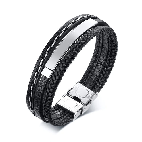 Vnox Personalize Engrave Name Men Multi-Layer Black Leather Wrap