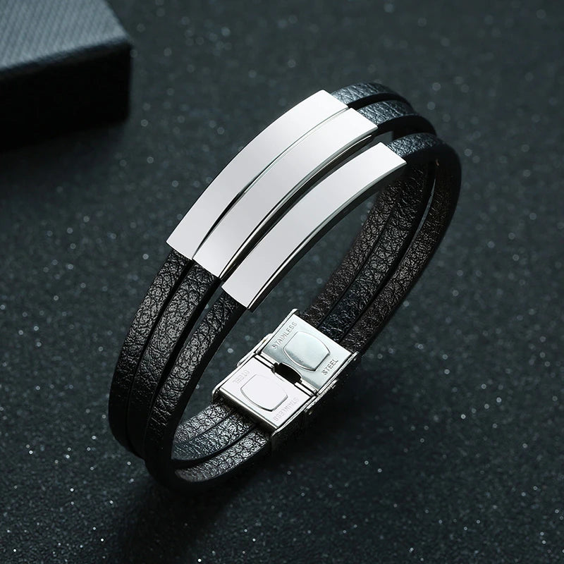 Vnox Personalize Engrave Name Men Multi-Layer Black Leather Wrap