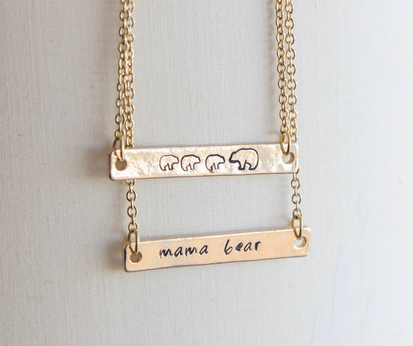 Mama bear necklace, mama and bear cub necklace, hand stamped bar