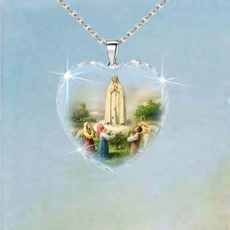 Heart Shaped Crystal Glass Christian Virgin Mary Pendant Women's