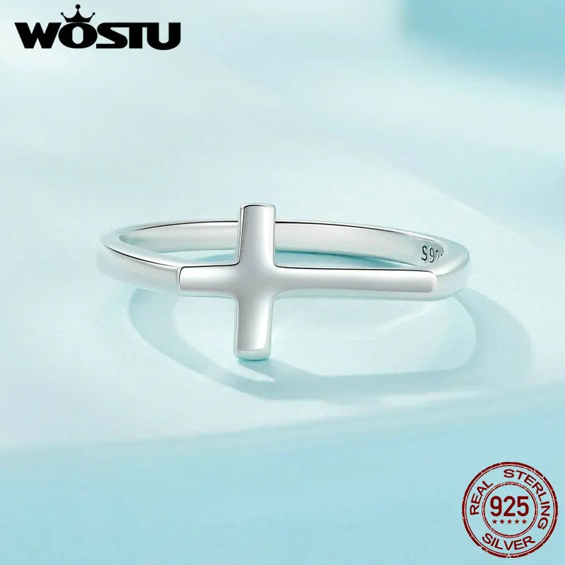 WOSTU Real 925 Sterling Silver Simple Cross Finger Ring for Women