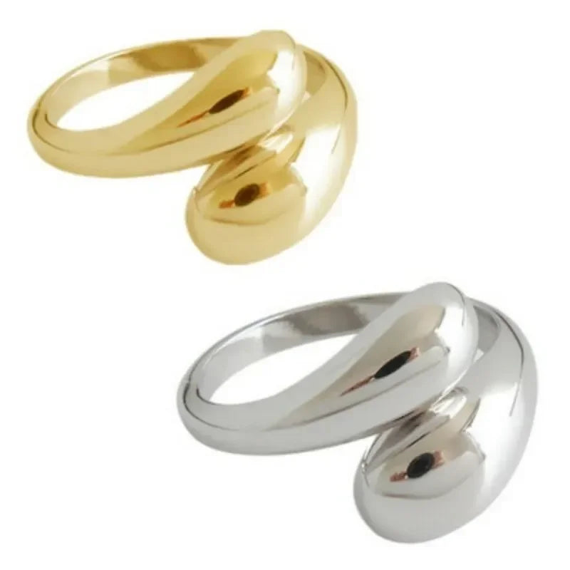 Stainless Steel Smooth Double Ball Beads Rings for Woman Open Gold