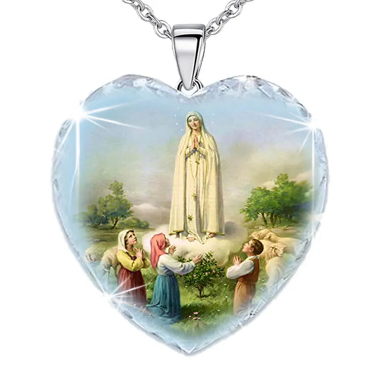 Heart Shaped Crystal Glass Christian Virgin Mary Pendant Women's