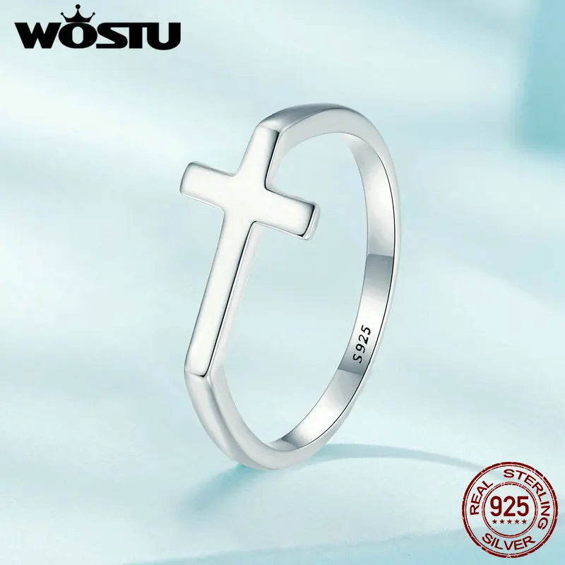 WOSTU Real 925 Sterling Silver Simple Cross Finger Ring for Women