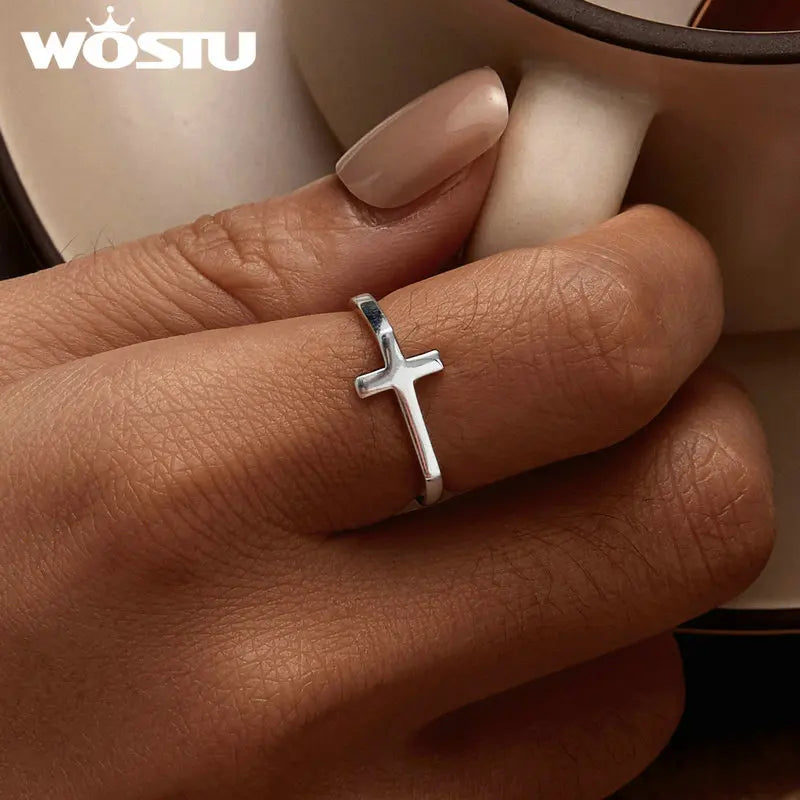 WOSTU Real 925 Sterling Silver Simple Cross Finger Ring for Women
