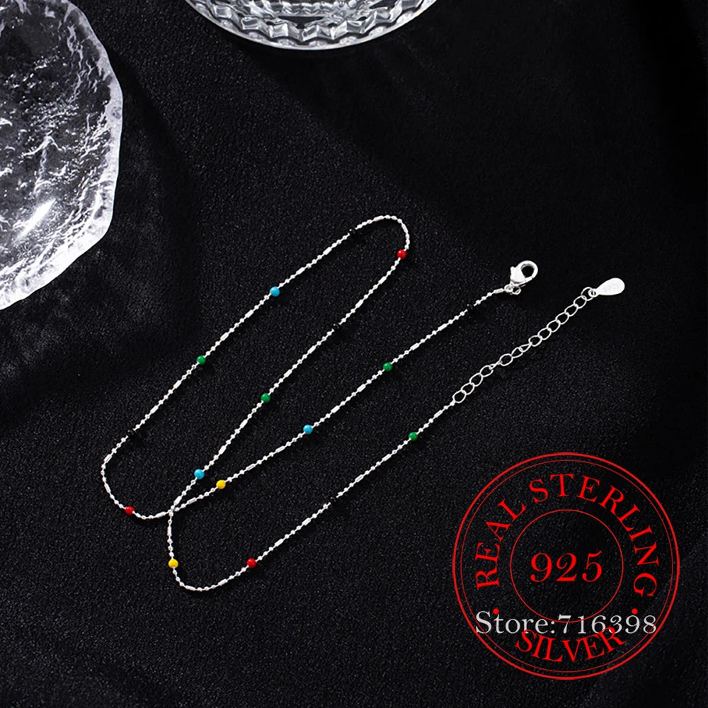 Pure 925 Sterling Silver Rainbow Bean Chain Necklaces For Women Girls