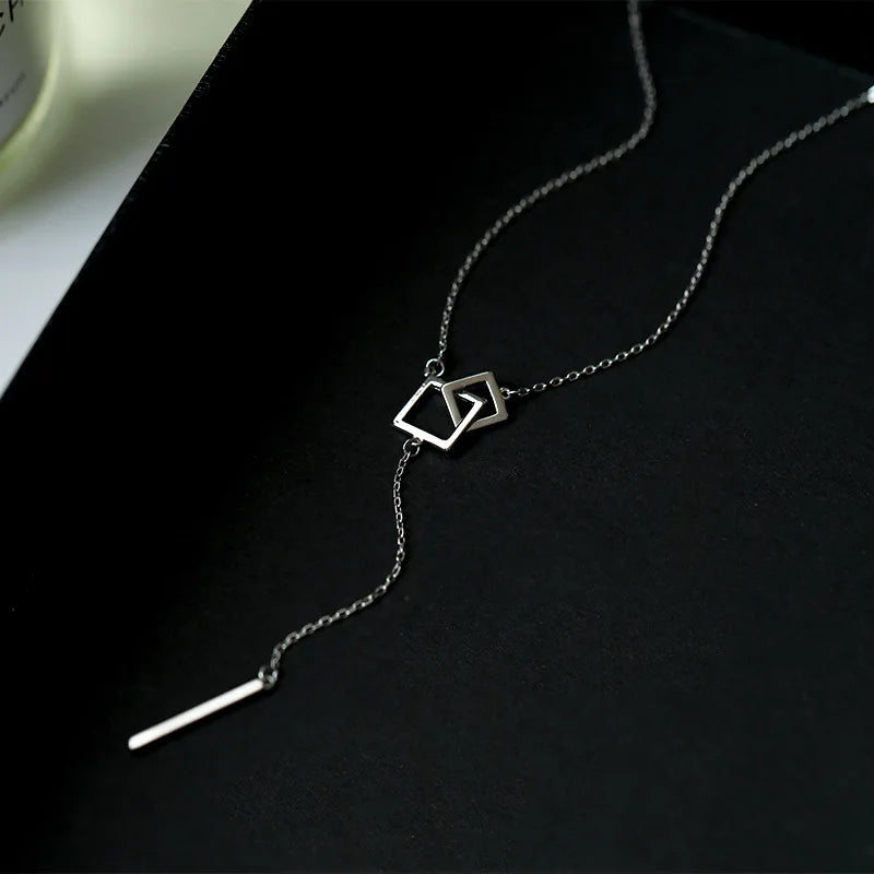 925 Sterling Silver Geometric Square Necklace Long One Line Tassel