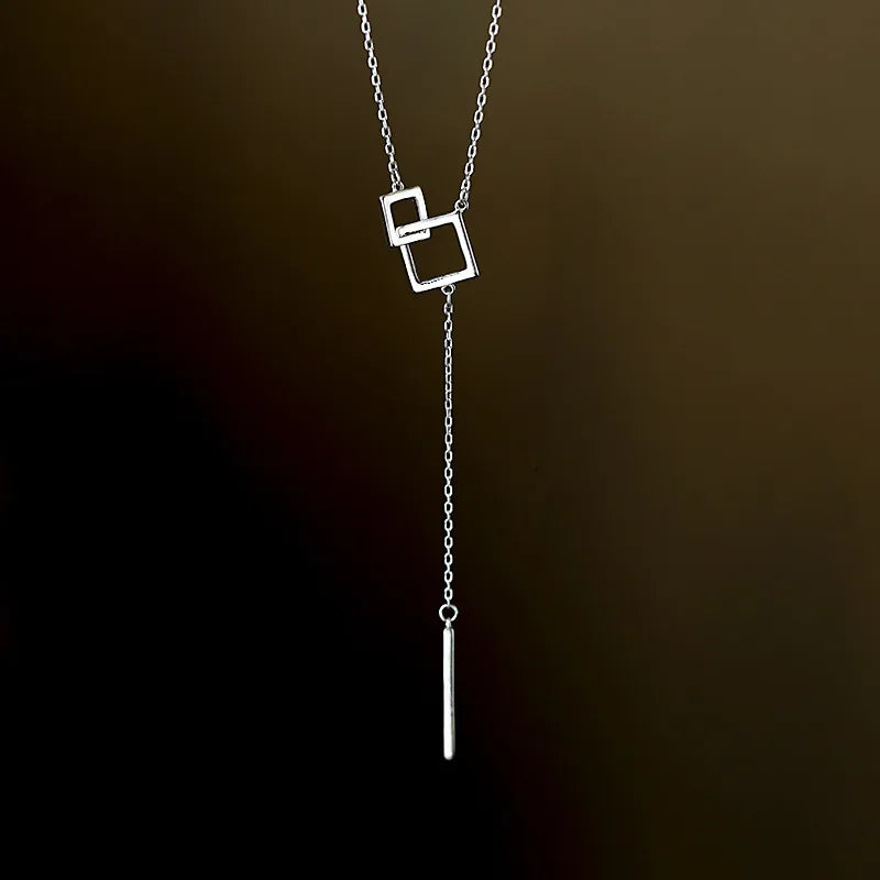 925 Sterling Silver Geometric Square Necklace Long One Line Tassel