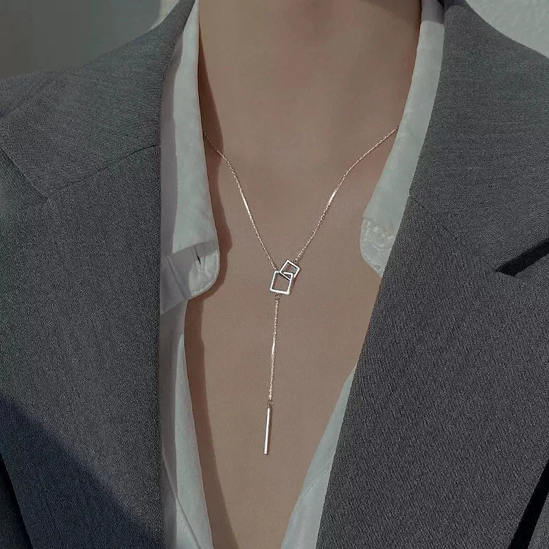 925 Sterling Silver Geometric Square Necklace Long One Line Tassel