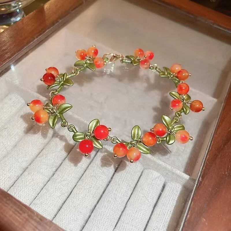 Birthday Jewelry Gift Sweet Orange Beaded Plant Leaves Bracelet Fruit