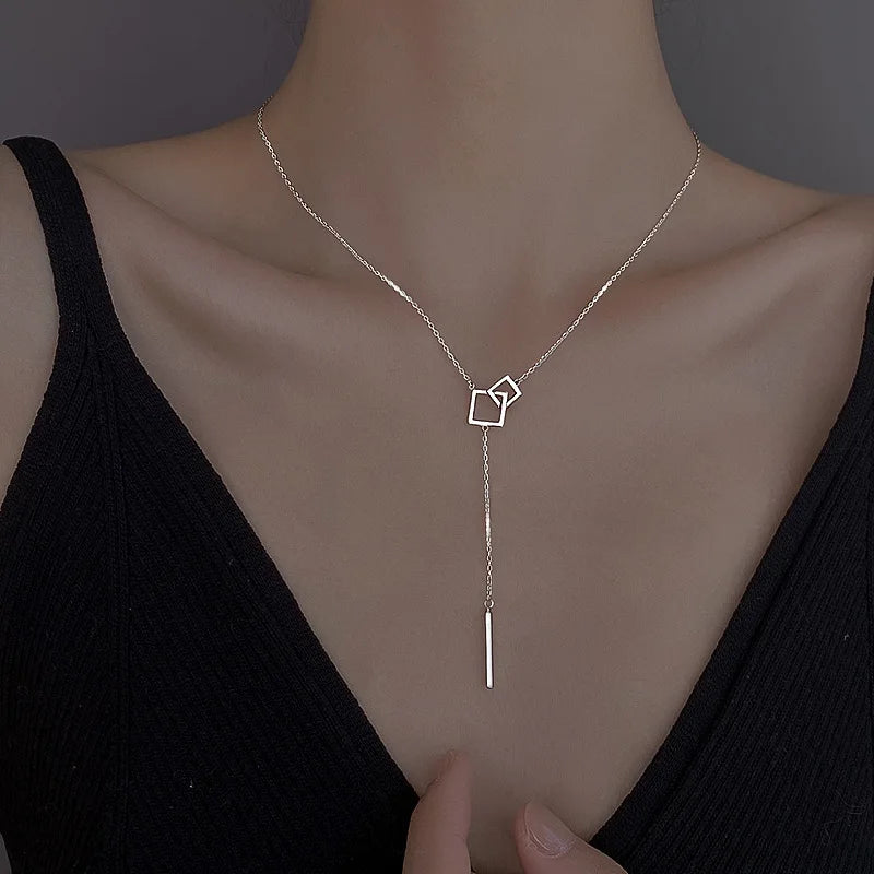 925 Sterling Silver Geometric Square Necklace Long One Line Tassel