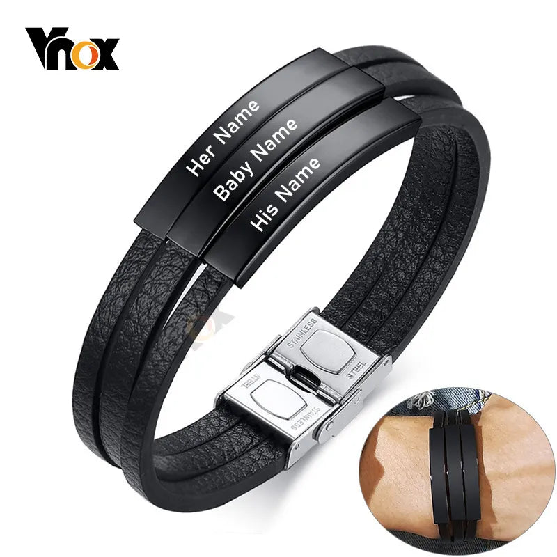 Vnox Personalize Engrave Name Men Multi-Layer Black Leather Wrap