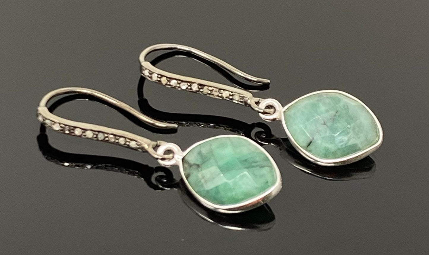 Genuine Emerald Earrings, Pave Diamond Earrings, Sterling Silver